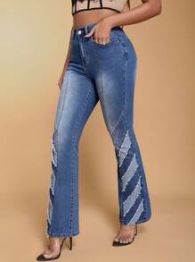 SHEIN BAE 女款有口袋和毛邊設計喇叭牛仔褲 - 藍色 - 查看 5