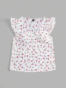 SHEIN VCAY Summer Casual Floral Print Ruffled V-Neck Blouse - White - View 3