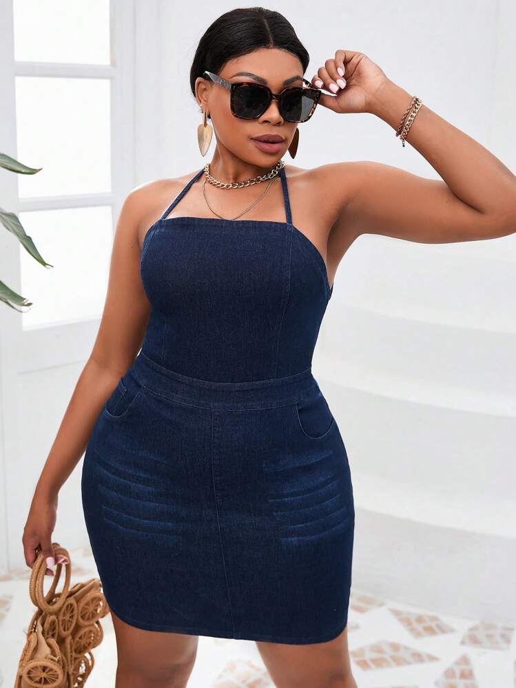 SHEIN SXY Plus Size Women's Fashionable Denim Spaghetti Strap Dress - Blue - View 4