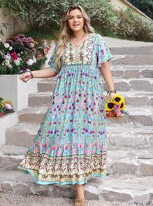 Bohemian Women Plus Size Floral V-Neck Loose Dress Beach Holiday Summer Party Wedding Season Coachella Music Festival