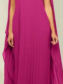 Women's Solid Color Poncho Sleeve Pleated Design Loose Elegant Dress Spring - Hot Pink - View 3