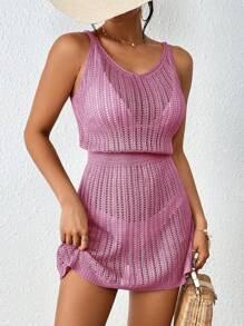 SHEIN Swim 夏季海灘純色透視無袖露背連身遮陽衣 - 中紫紅色 - 查看 4