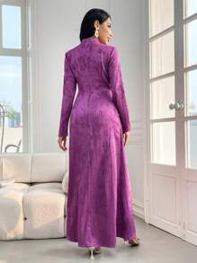 Modelyn 女士花卉提花褶皱连衣裙，长袖和裹身设计，适合春季，优雅的晚会礼服 - 中紫紅色 - 查看 3