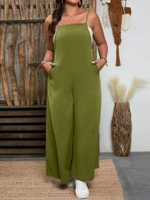 SHEIN LUNE Plus Size Textured Fabric Square Neck Casual Jumpsuit, Suitable For Indoor & Outdoor Wear - Army Green - View 6