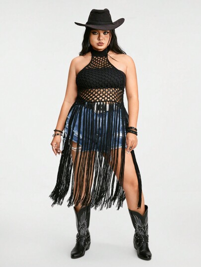 Grunge Punk Haut d'été ras-du-cou en crochet grande taille de style gothique occidental punk, ajusté avec frange