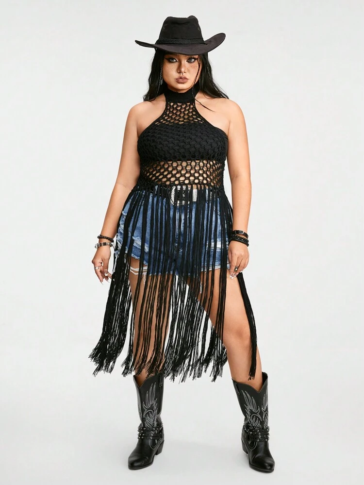 Plus Size Summer Crochet Gothic Western Punk Style Slim Fit Fringe Halter Knitted Top