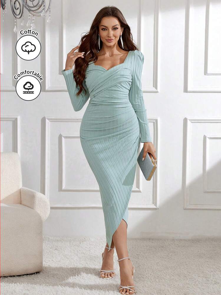 Women's Solid Color Long Sleeve Sweetheart Neckline Dress Long Evening Dresses
