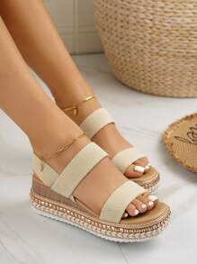 女士休閒度假風格坡跟跟和防水台涼鞋,女士們淺褐色坡跟粗涼鞋 - 米色 - 查看 7