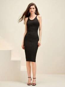 Anewsta Black Stretchy Sleeveless Bodycon Dress With Hip Package Design - Black - View 4