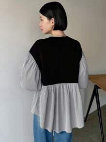 FRIFUL Women's Fashion Striped Patchwork Casual Shirt For Summer,Ruffle - Black and White - View 5