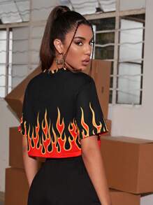 SHEIN Coolane Fire Print Crop Top - Black - View 2