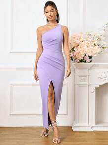 SHEIN Belle One-Shoulder Ruffle Hem Asymmetric Split Women's Dress With Overlap Detail - Lilac Purple - View 6
