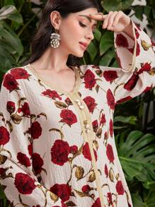 Al Najma Quý cô In Hoa hồng Vá lại Ruy băng Tay áo kèn  Jalabiya Đầm - Màu be - Xem 5