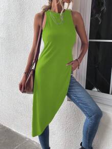 SHEIN LUNE 純色不對稱長款夏季背心上衣 - 綠色 - 查看 4