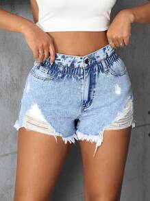 SHEIN SXY Short En Jean Taille Haute Pour Femme Avec Un Design Plissé - Bleu azur - Voir 3