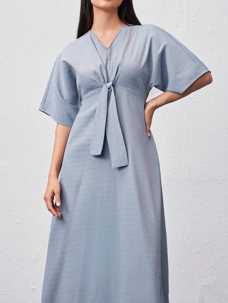 Ladies' Solid Color Batwing Sleeve Dress With Waist Tie