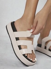 SHUZIA All-Time Women's Hook And Loop Strap Luxe-Inspired Cutout Footbed PU Beige Platform Slides – Luke & Comfortable Essential Summer Shoes Spring Shoes Spring Break Easter Vacation Shoes Casual Shoes Beach Shoes Mother's Day Present