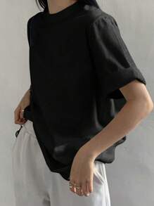 DAZY Áo thun cổ tròn rộng rãi màu trơn cho mùa hè Áo thun cỡ lớn - màu đen - Xem 3