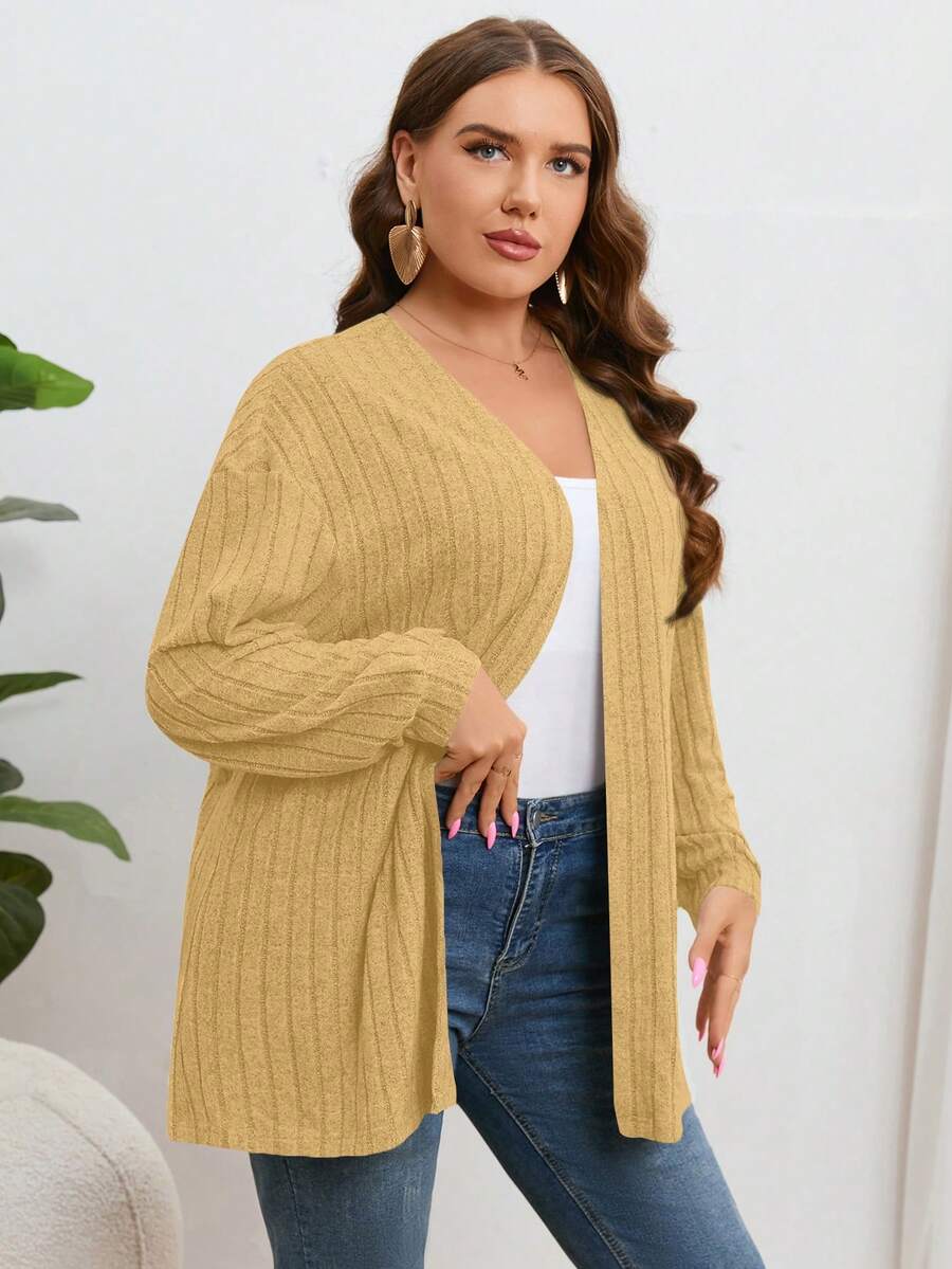 SHEIN Essnce Kích thước lớn Màu thuần Đồ đan Ribbed Áo len Mở - Màu vàng - Xem 1