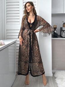 Conjunto de camisón y bata con encaje 3D y estampado de leopardo, conjunto de pijama - Multicolor - Ver 3