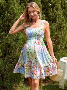 SHEIN Maternity Romantic Garden Vacation Style Floral Print Ruffled Hem Wide Strap Dress Suitable For Summer - Multicolor - View 2