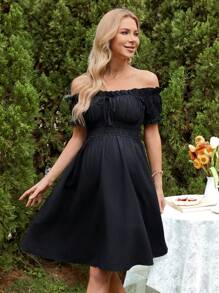 SHEIN 孕婦假期實色露肩束腰連身裙 - 黑色 - 查看 5