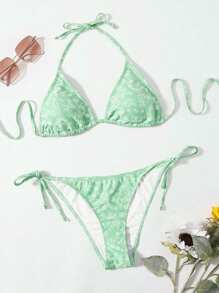 SHEIN Swim Summer Beach Women's Floral Print Halter Neck Back Cross Bikini Set - Green - View 3