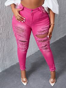 Slaydiva Jeans Rasgados De Talla Grande Ajuste Delgado - Rosa Fucsia - Ver 5