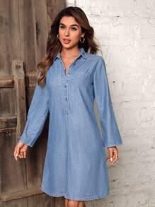 EMERY ROSE 女款捲袖牛仔襯衫連身裙 - 淺色水洗藍 - 查看 4