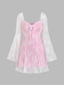 Sweetra Women's Fashionable Lace Butterfly Sleeve Dress - Pink - View 1