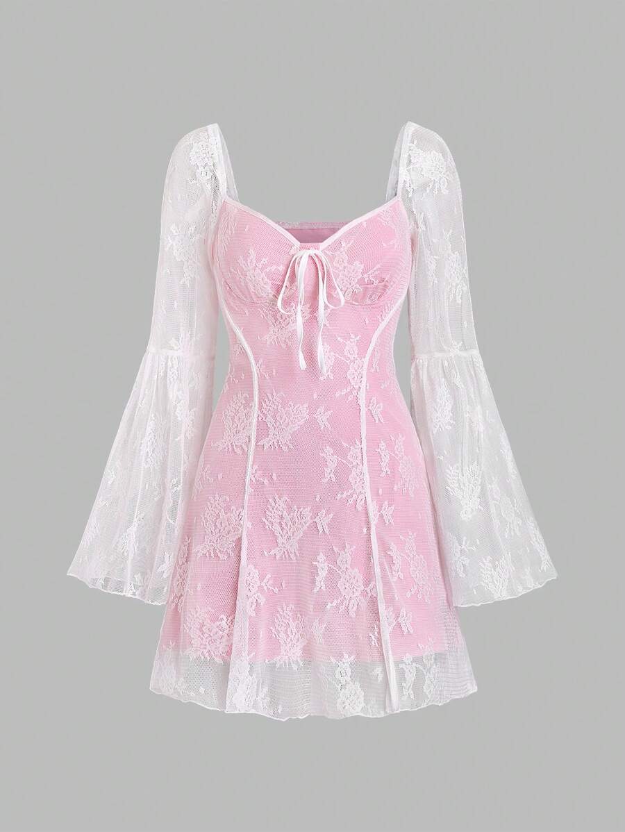 Sweetra Women's Fashionable Lace Butterfly Sleeve Dress - Pink - View 1