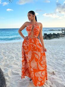 SHEIN SXY Vestido de férias de verão, férias, praia, boho, foral, linho fainy, feminino, estilo férias, decote halter, com ajuste solto, fenda lateral e decoração com fios - Laranja - Ver 4
