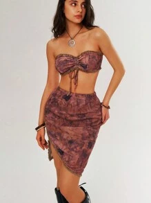 Bohemela 度假女士扎染無肩帶管頂和裙子套裝 - 棕色 - 查看 1