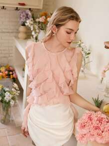 SHEIN MOD Áo không tay cổ tròn tua rua và ngọc trai thiết kế xếp nếp màu hồng ngọt ngào - Hồng - Xem 8