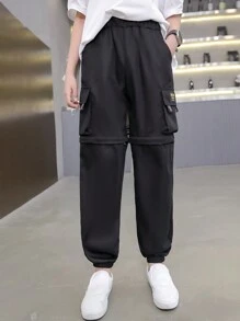 SHEIN Tween Boy Zipper & Flap Pocket Design Elastic Cuff Pants - Black - View 4