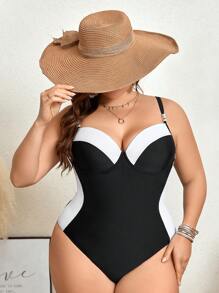 Swim Chiccia Plus Size Letni jednoczęściowy kostium kąpielowy z blokami kolorów, odpowiedni na wakacje na plaży i pływanie - Czarne i Białe - Zobacz 7