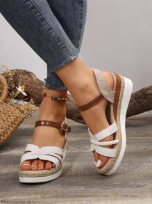 White Women's Summer Platform Wedge Sandals With Rope Sole - White - View 5