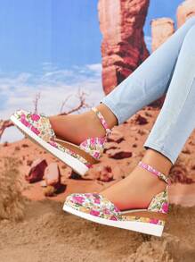 Giày sandal đế xuồng hở mũi, đế xuồng, hai tông màu lụa bất đối xứng có trang trí hoa cỡ lớn dành cho nữ - Đỏ và trắng - Xem 5