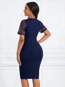 SHEIN Lady Vestido para invitada de boda Vestido elegante ajustado con mangas cortas, volantes, parches, brillo y floral de malla para mujer en verano - Azul Marino - Ver 2