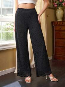 Sarah Dakkak Designer Women Solid Color Lace Straight-Leg Pants For Vacation, For Summer, Holiday, Valentine's Day, Festival - Black - View 5