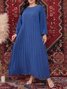 Mulvari Plus Size Solid Color Flared Sleeve Pleated Arab Clothing Modest Dress - Blue - View 5