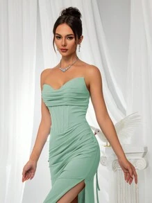 VIPGIRL Elegant Bridesmaid Dress: Strapless Fitted Satin Dress, Paired With Waist-Cinching Top And Draped Waistline - Minimalist Luxurious Formal Evening Gown, Suitable For Wedding Guest Attire Spring - Mint Green - View 6