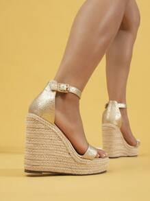 女士坡跟草编凉鞋，踝带设计，厚底高跟鞋，适合春夏度假，波西米亚风性感高跟鞋，百搭派对/夜店黑色鞋履 - 金色 - 查看 5