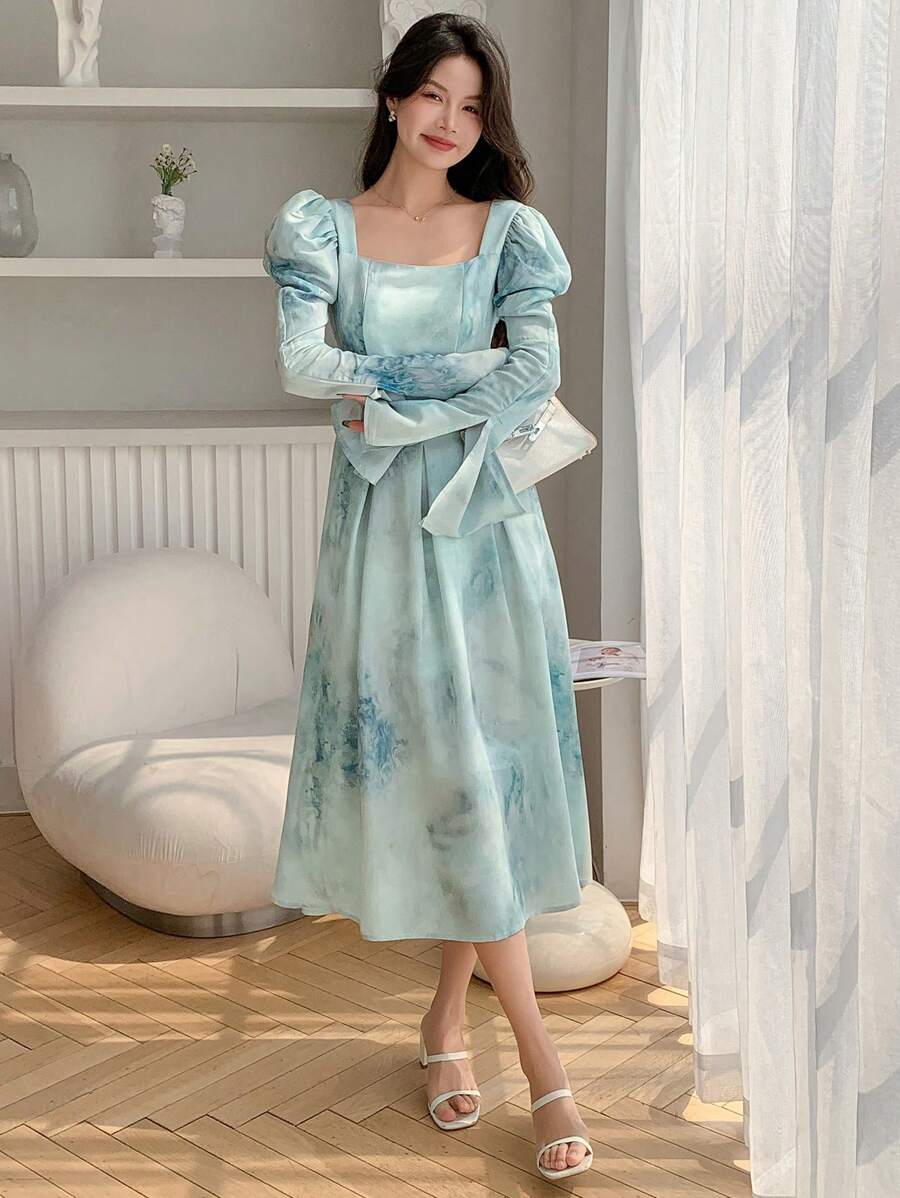 DAZY Ink Wash Ruched Waist Puff Sleeve Dress,Ruffle,Fall Dress Long Sleeve Dress