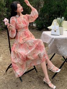 DAZY 女士印花灯笼袖收腰春季休闲连衣裙，荷叶边，秋季长袖连衣裙度假装扮 - 淺粉色 - 查看 6