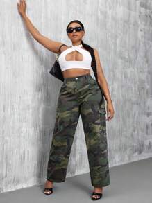 SHEIN SXY Kích thước lớn Của phụ nữ Thẳng quần ống rộng Ngụy trang Quần jean - Nhiều màu - Xem 1