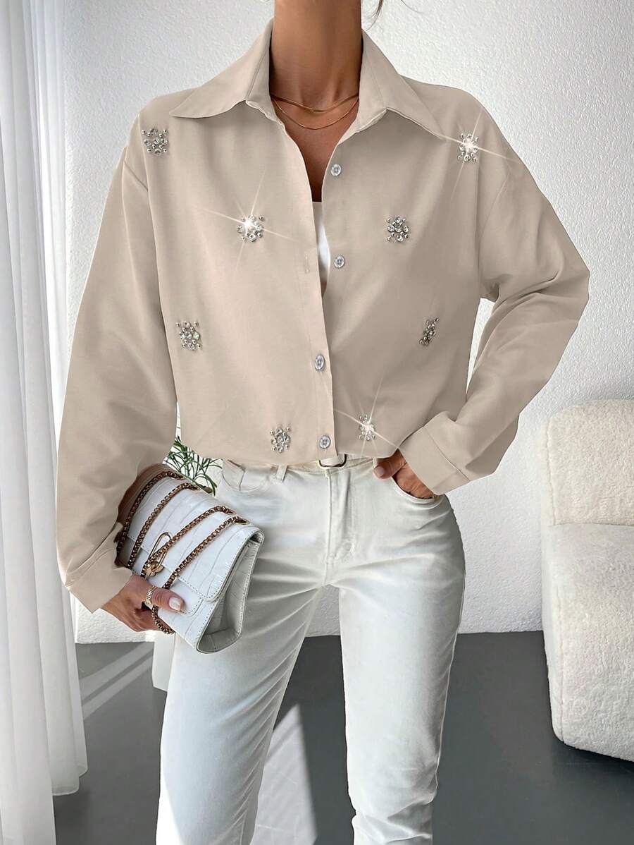 EURMUSE Camisa Abotonada Con Diamantes De Imitación Y Mangas Caídas - Beis - Ver 1