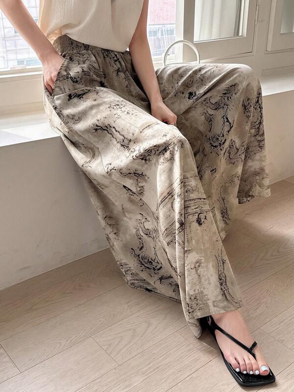 DAZY Loose-Fit Wide Leg Floral Print Pants With Elastic Waistband Summer