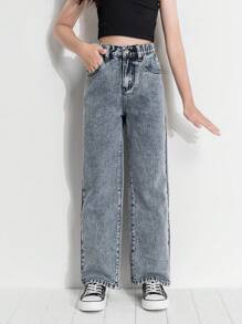 SHEIN 女孩高腰直筒牛仔褲 - 淺色水洗藍 - 查看 5