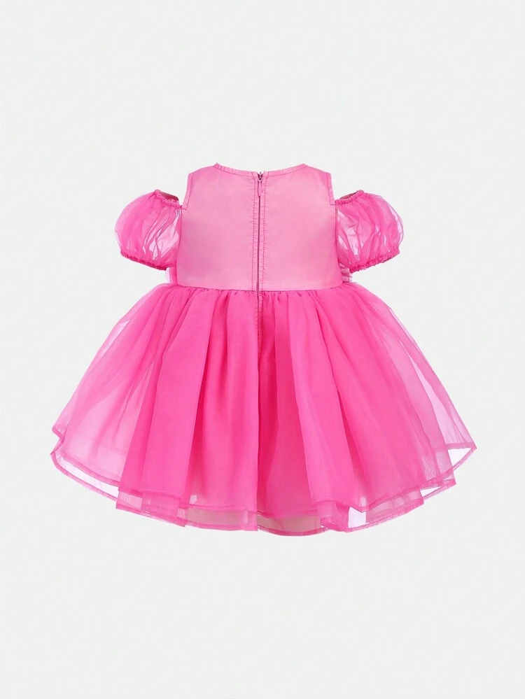 Baby Girl Elegant Pink Satin & Organza Floral Applique Off-Shoulder Party Dress With Ruffled Neckline